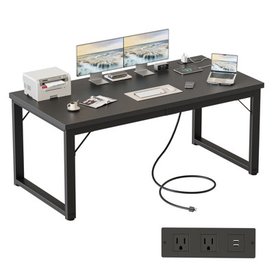 Bureau 54 po avec prises de courant, bureau d'ordinateur 1,2 po d'épaisseur, table de bureau, noir