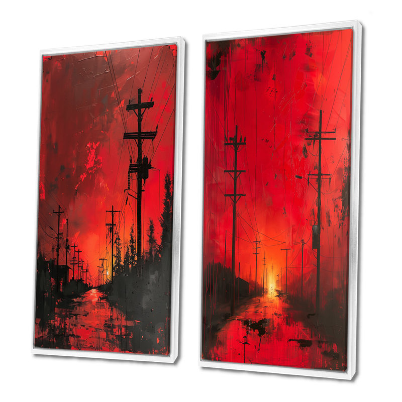 Red Power Lines To The Darkness I - Ensemble de 2 pièces d'art mural Power Lines, H 28 po x l 24 po, Impression encadrée
