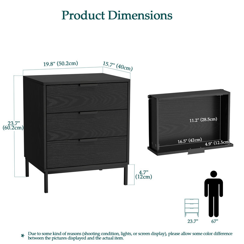 Chau 3 - Drawer Nightstand 20'' W Black Bedroom nightstand