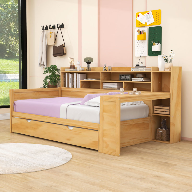 Wooden Daybed with Storage Shelves,  Trundle Bed and Study Desk, Natural, Twin