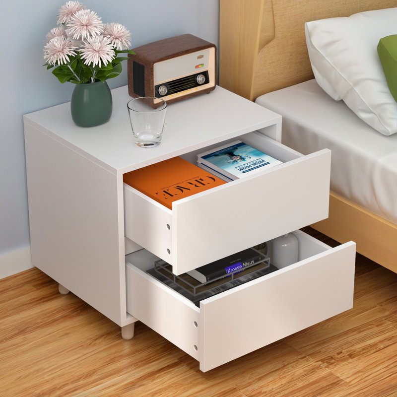 Modern Wood Two Drawer Nightstand,Vintage Bedside Table, White, Individual