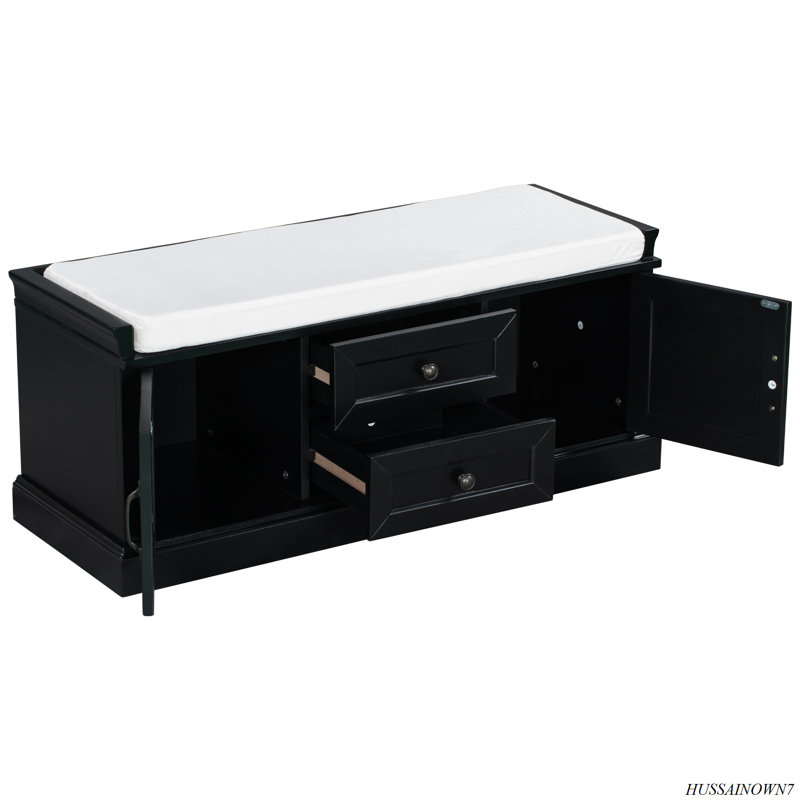 Banc de rangement avec 2 tiroirs et 2 armoires, banc à chaussures avec coussin amovible pour le salon, vestibule