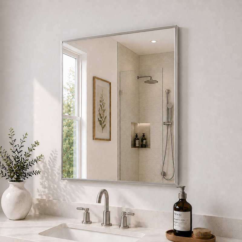 Cozy l 24 po x H 30 po. Miroir de salle de bain mural avec cadre et nickel brossé, Nickel brossé, 30 po x 24 po