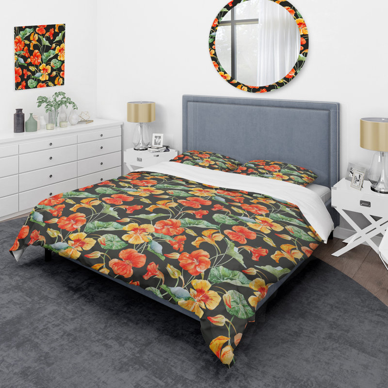 Fleurs orange et jaunes - Ensemble de housse de couette floral - Polyester microfibre