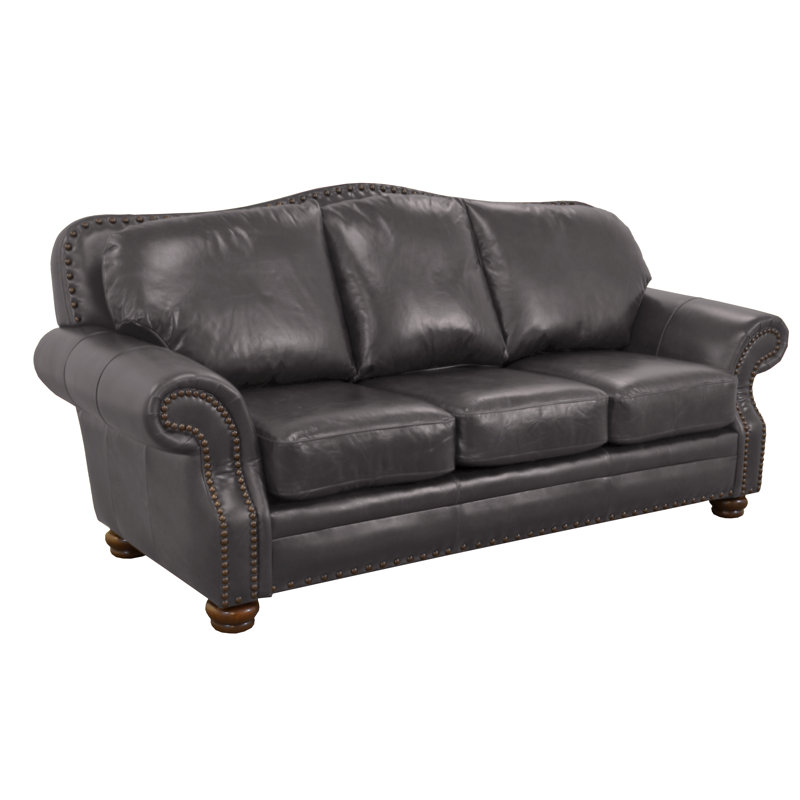 Somto 96" Genuine Leather Rolled Arm Sofa, Berkshire Charcoal Genuine Leather