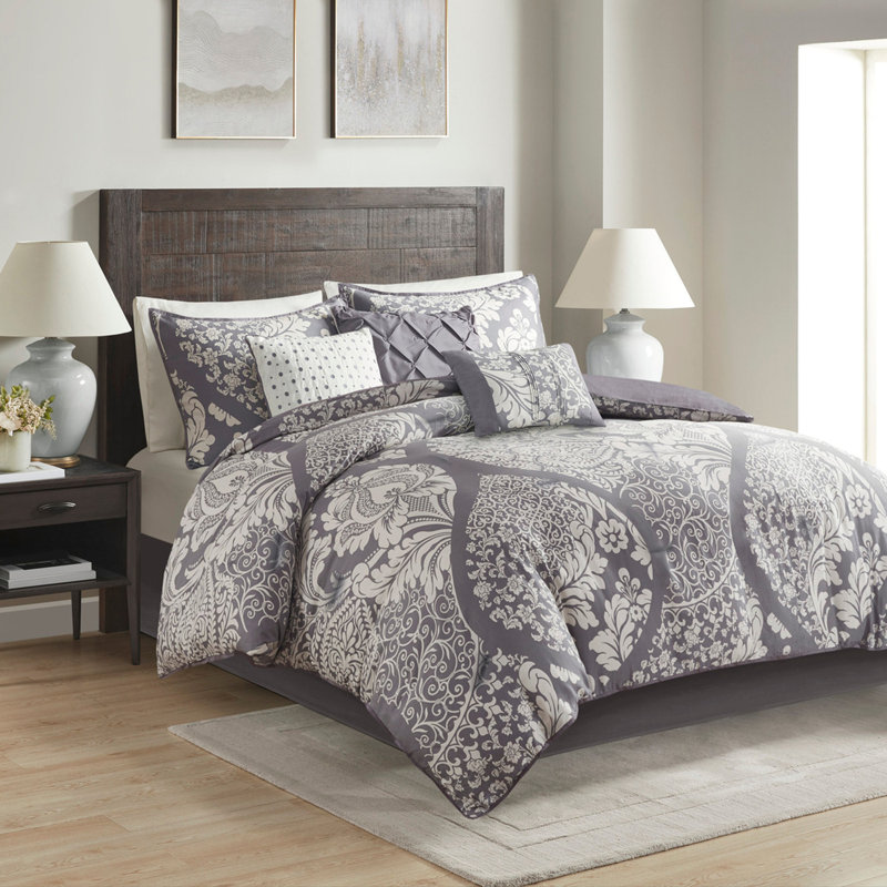7 Piece Printed Comforter Set Grey