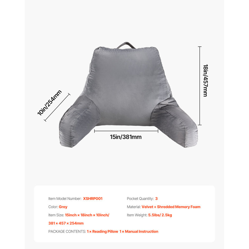 Coussin de lecture, coussin de lit de taille standard avec mousse à mémoire de forme déchiquetée, coussin de dossier avec 3 poches et tissu de velours court lavable, plateau avec poignée, pour regarder la télévision, lire, jouer, se reposer, gris