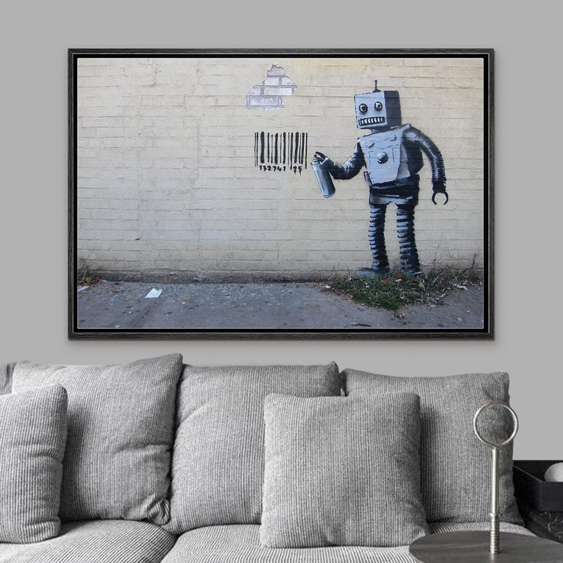 Banksy Robot Spray, peinture à code-barres sur toile, H 16 po x l 24 po x P 1,5 po, Cadre flottant noir