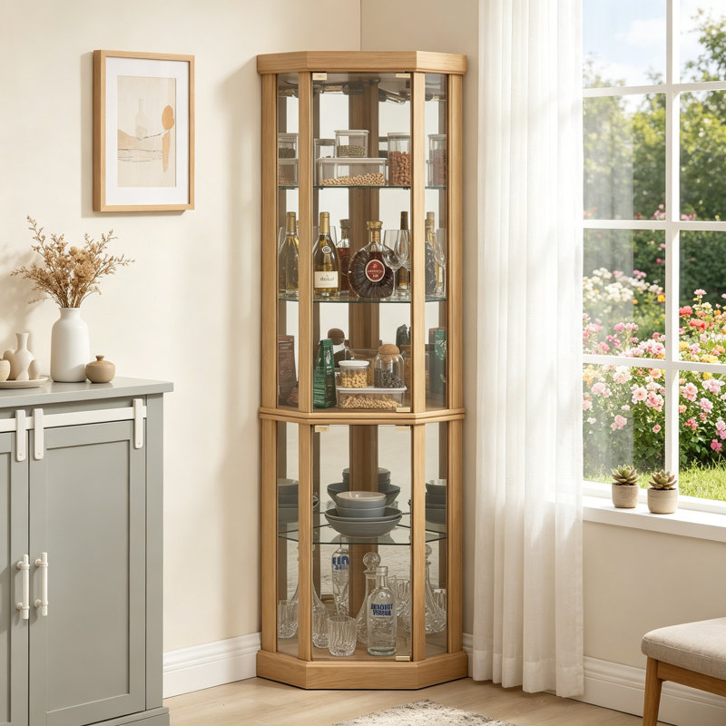 Vitrine de coin lumineuse avec vitrine élégante, Chêne