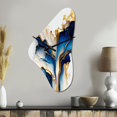 Abstract Geode Gold And Blue Marble Shape III - Boomerang Shape Abstract Marble 3D Wall Clock