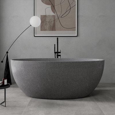 63" Modern Terrazzo Stone Tub Freestanding Solid Surface Outdoor Soaking Bathtub