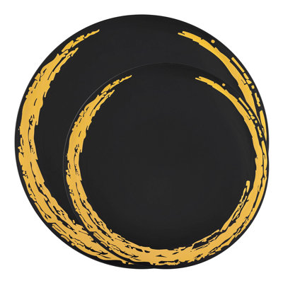 Service de vaisselle jetable ronde en plastique noir et or « Clair de lune » - 120 services