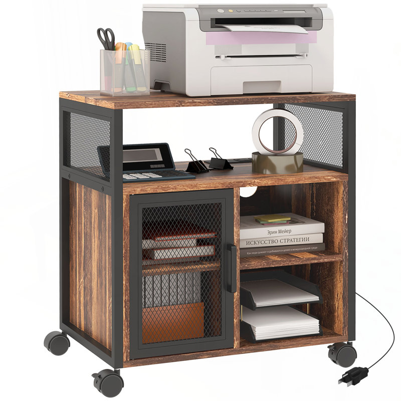 Support d'imprimante mobile Vinsetto avec prise et ports USB, brun rustique