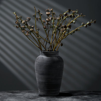 9.5" Textured Black Ceramic Vase, Modern Farmhouse Decorative Flower Vase for Living Room, Dining Table, Shelf & Entryway Decor
