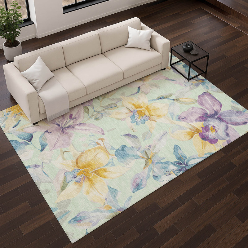 Premium Machine Washable Mayfield AMF2262 Floral Rug, Mint, 10' x 14'