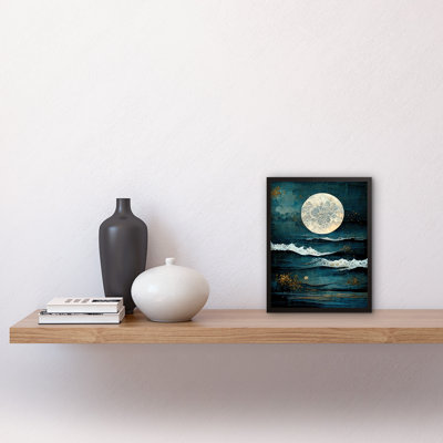 Lauderdale Large Full Moon Seascape Golden Algae Wave Foam - Single Picture Frame Print