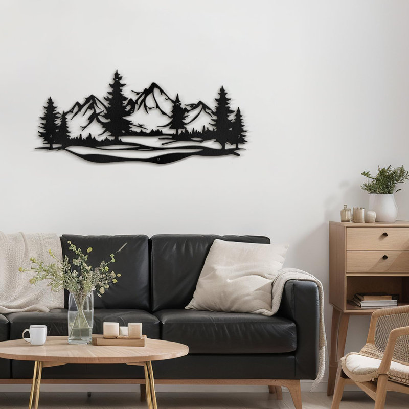 Montagne, pin, silhouette, moderne, abstrait, décoration murale, décoration suspendue, décoration murale en métal, Noir