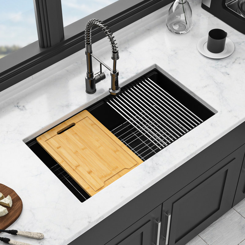 Black 32X19" Quartz Workstation Kitchen Sink, Made Of Advanced High - End Material, Reduces Noise And Dirt, Comes With Basket Strainers Installation Template Undermount Sink In Black, Rounded