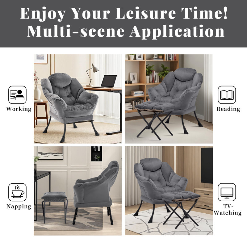Upholstered Armchair with Footstool, Dark Grey