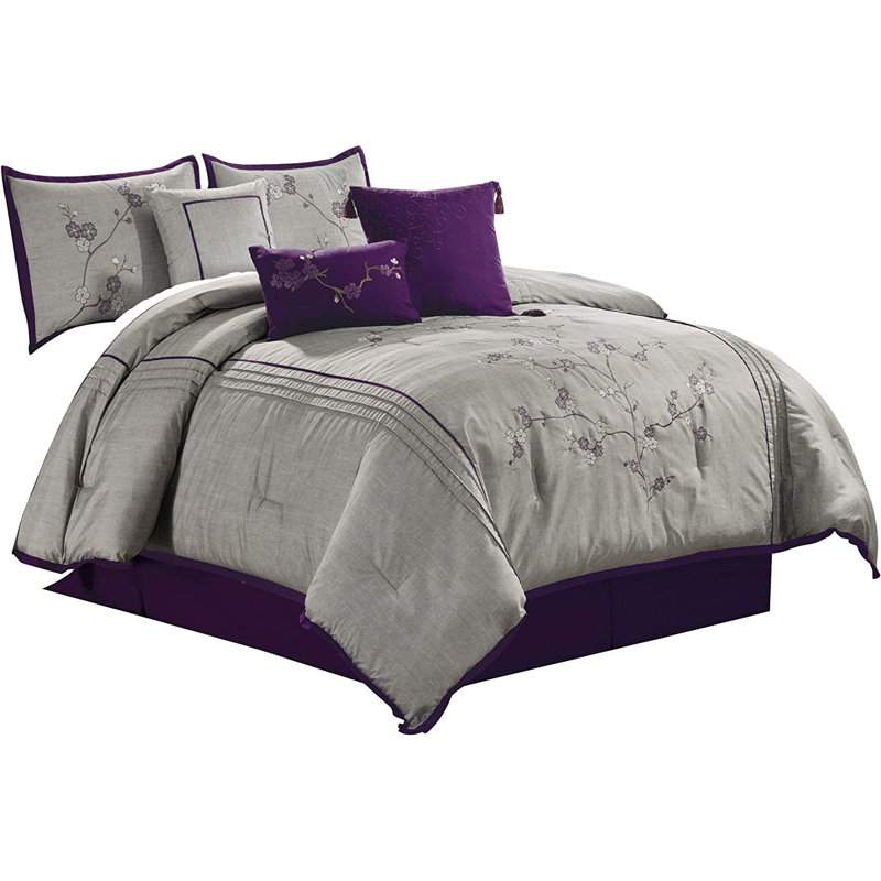 Miki Cherry Blossom Embroidery Comforter Set, King Comforter + 2 King Shams, Red/Taupe