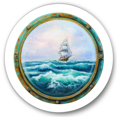 Cabine de fenêtre montrant un bateau dans un océan orageux - Art mural nautique et côtier en cercle