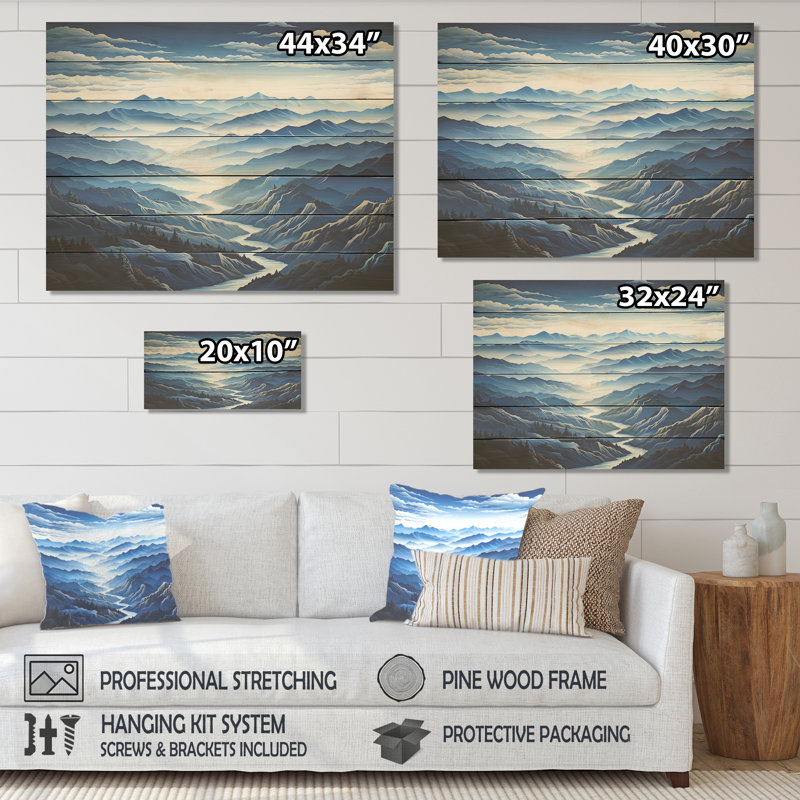 «Blue and White Mountain Majesty Panorama III - Landscape Mountains on Wood Print», H 34 po x l 44 po