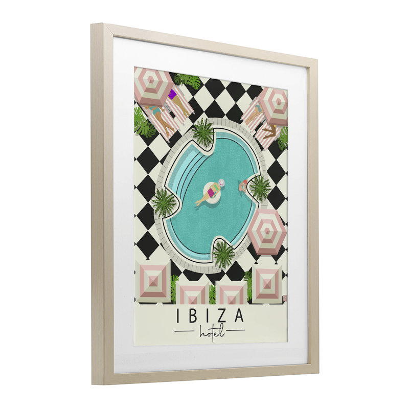 «Ibiza Hotel Pool», reproduction sous verre encadrée, design par Jen Bucheli, H 21 po x l 17 po, Cadre de récolte en pin