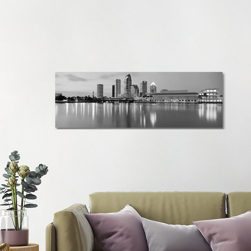 Tampa Panoramic Skyline Cityscape (Black & White - Dusk) - Wrapped Canvas Panoramic Print