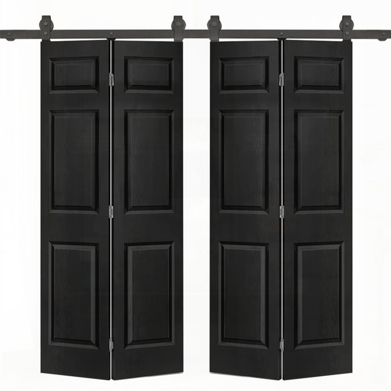 Porte de grange double à 6 panneaux en panneau de fibres à densité moyenne peinte noire à 6 panneaux avec quincaillerie coulissante