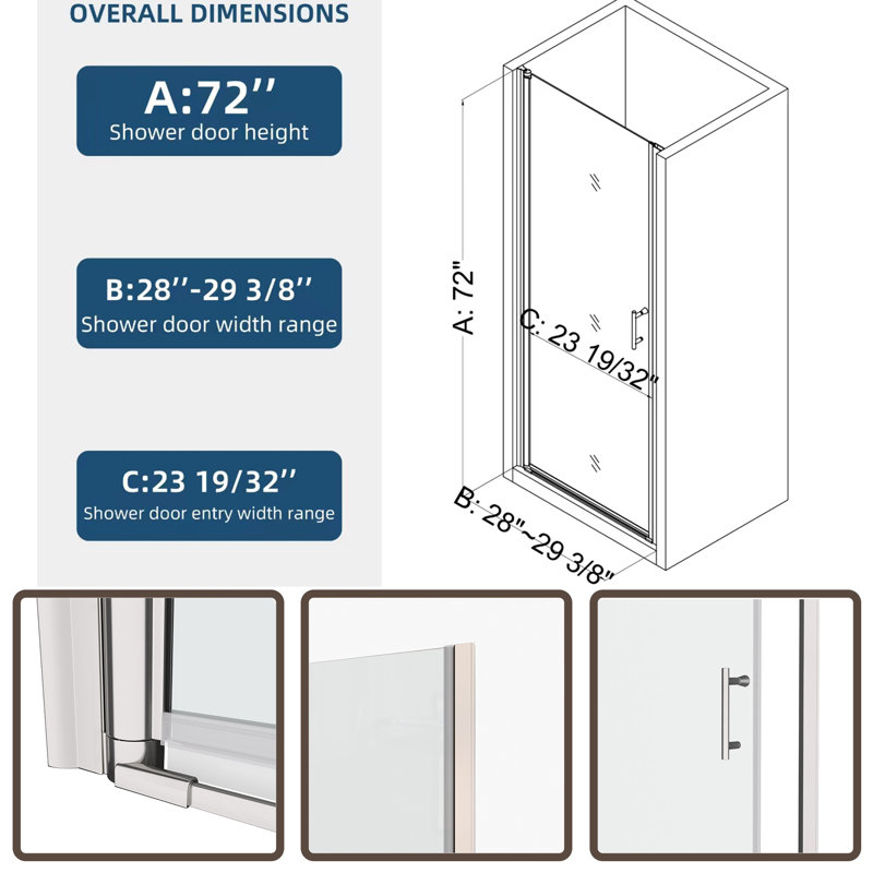 Porte de douche l 28 po x H 72 po avec, Chrome