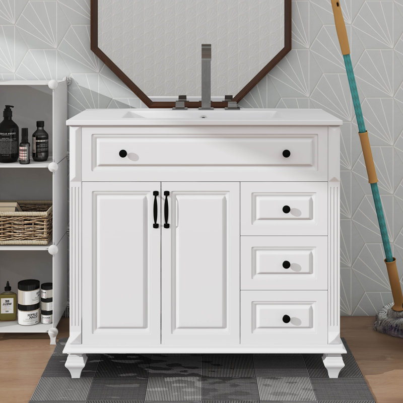 Meuble-lavabo de 36 po en bois massif avec lavabo - Comprend un tiroir rabattable, 3 tiroirs et 2 portes, Blanc/Noir