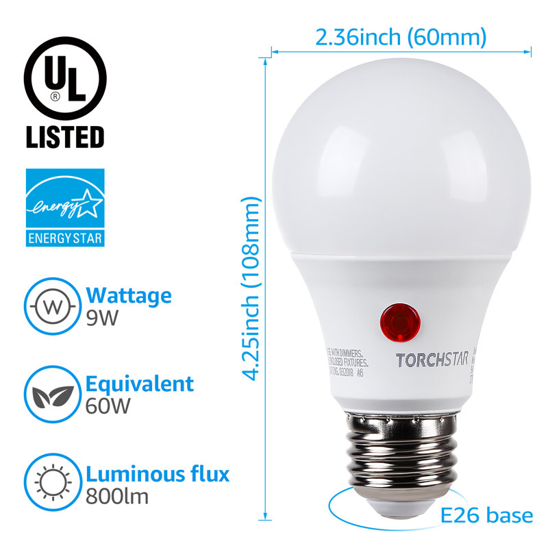 9W (60 Eqv.) Dusk to Dawn A19 LED Light Bulb, Outdoor Light Bulbs with Photocell Sensor, Soft White, Auto On/Off, UL FCC DOE Listed, E26 Base
