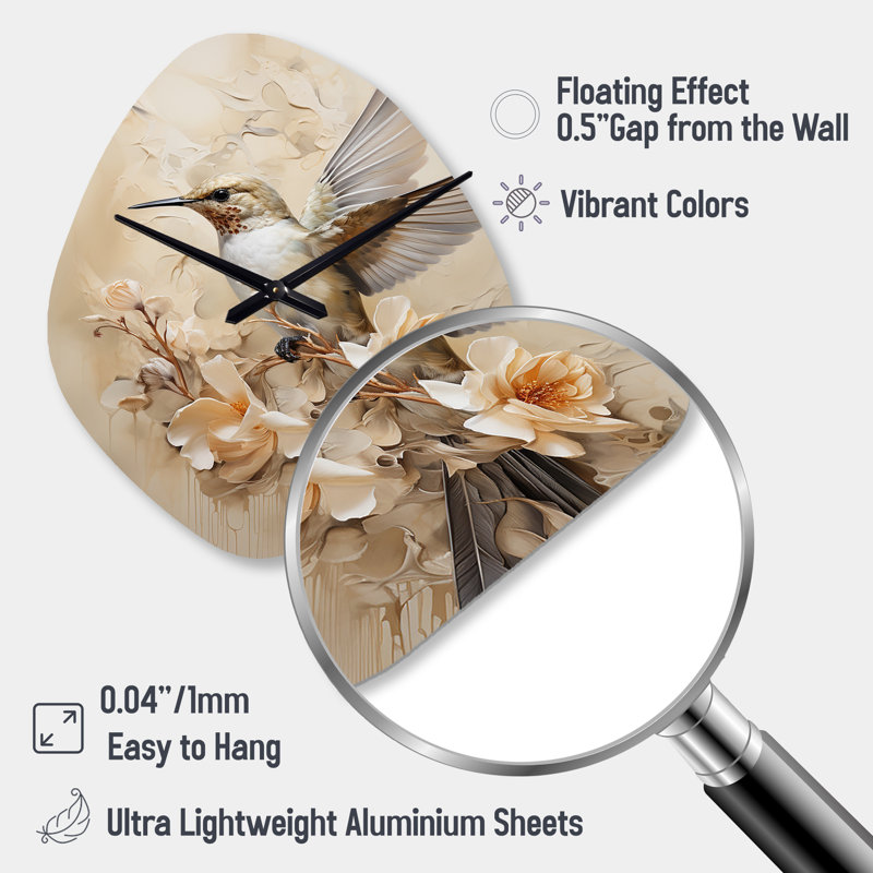 Horloge murale en forme de colibri floral flottant I - forme unique en métal, horloge murale beige, Grand