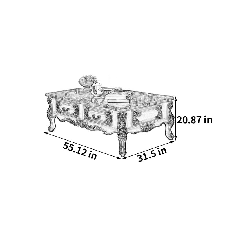 Table basse European Vintage, H 20,87 po x L 55,12 po x l 31,5 po