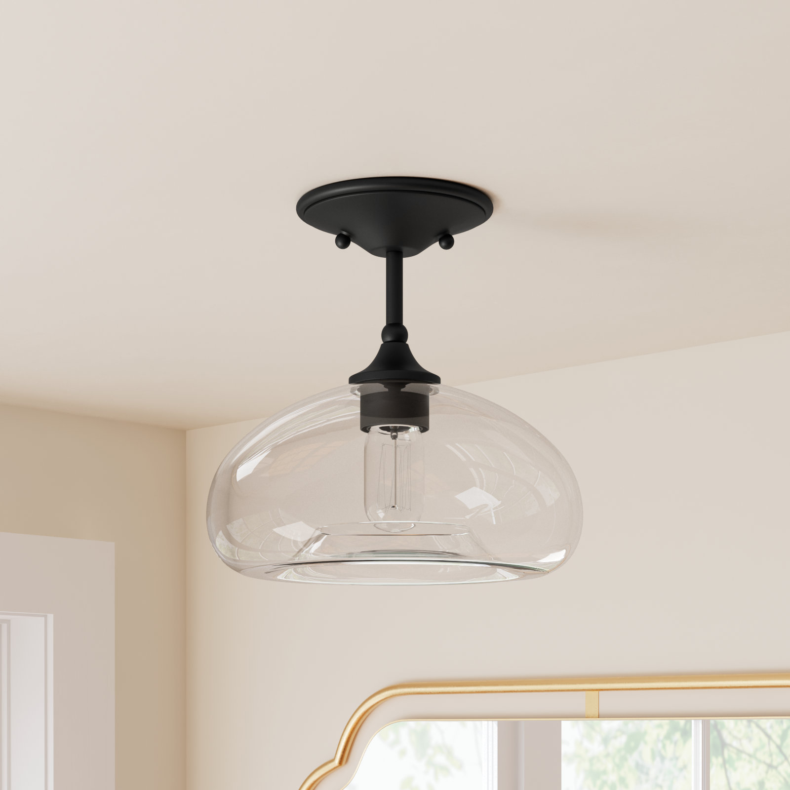 Lani Single Light Glass Semi Flush Mount, Matte Black