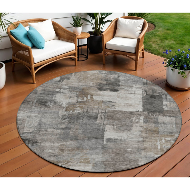Tapis extérieur rond lavable abstrait kaki et gris anthracite 8 pi