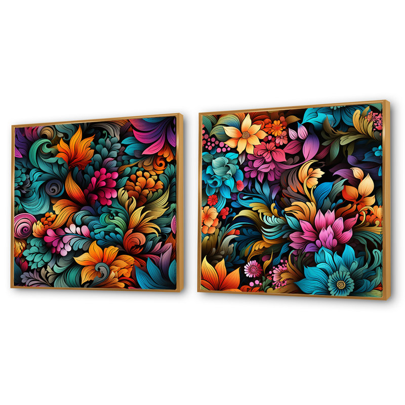 Muret - Ensemble de 2 collages floraux et botaniques carrés, H 16 po x l 33 po, Cadre flottant doré