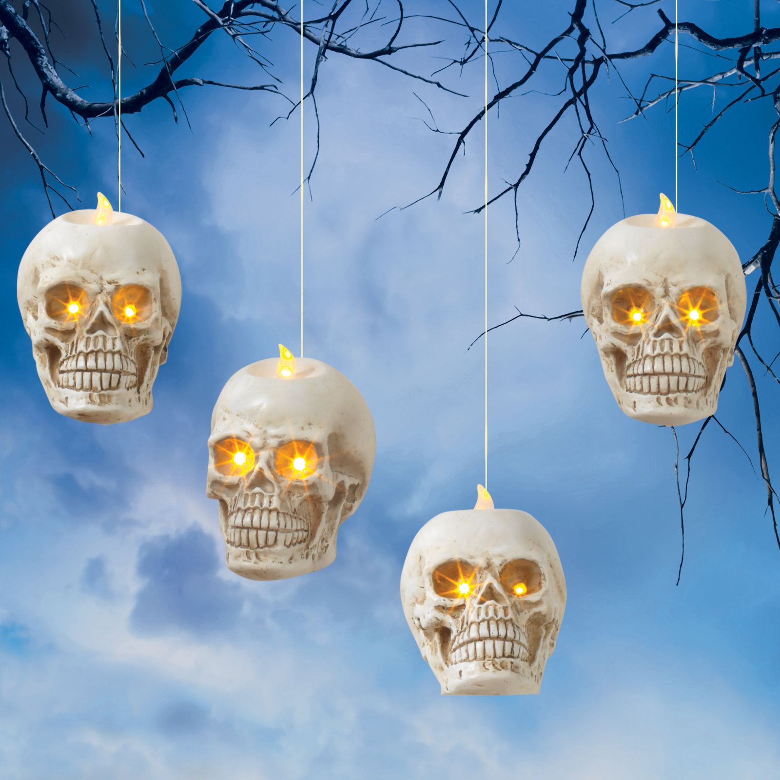 Lighted Hanging Skulls Set of 4 with Remote & Timer 4.6"H