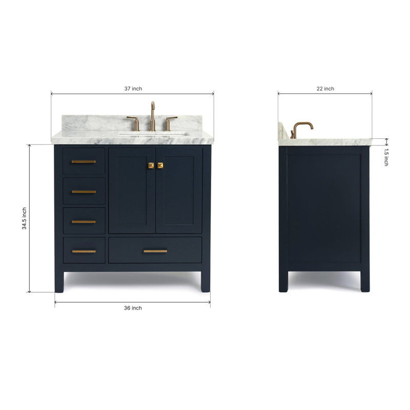Cambridge 37'' W Single Vanity, Satin Brass, Midnight Blue, Carrara Marble
