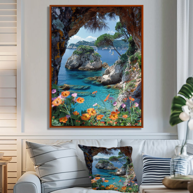 Vue de la grotte, lagon bleu, floraison, paradis, décor tropical mural côtier, Toile encadrée flottée blanche
