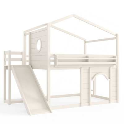 Lit mezzanine pleine grandeur avec glissade, bibliothèque et garde-robe intégrée, structure de lit mezzanine en bois avec fenêtre ronde et porte arquée