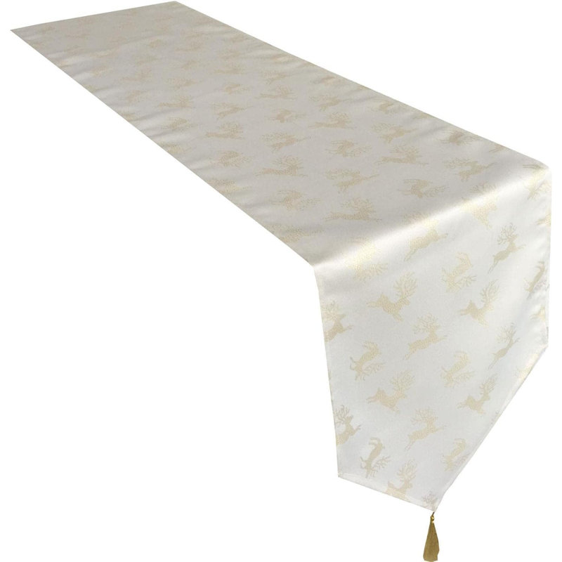Christmas Deer Design Table Runner 13in, 33cm W x 243cm L, Gold/Cream