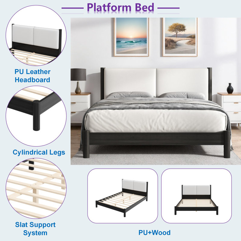 Lit plateforme en bois avec tête de lit en cuir PU et pieds cylindriques, Très grand lit
