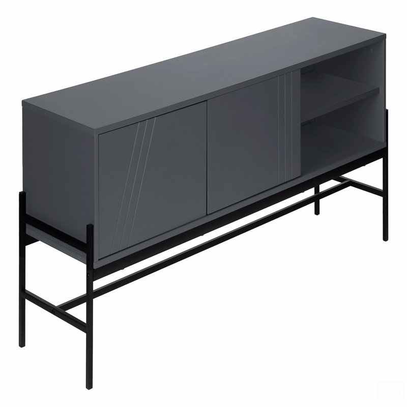 Meuble télé, 60 po, console, meuble multimédia, meuble de rangement, salon, chambre à coucher, stratifié gris, métal noir, contemporain, moderne