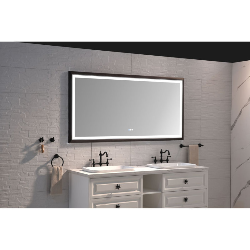 Miroir de salle de bain 72 po x 48 po à DEL avec cadre en aluminium, miroir de meuble-lavabo mural, anti-buée, mémoire, 3 couleurs, réglable en continu