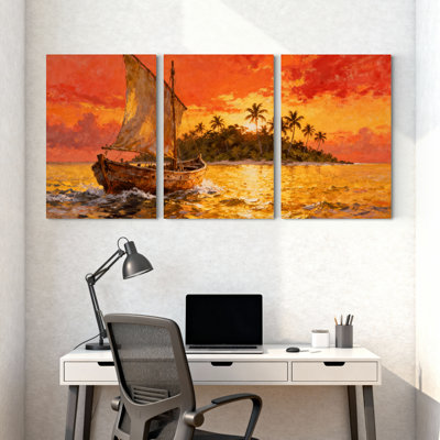 Nautique, voilier, coucher de soleil, île tropicale, océan, vagues, palmiers, ciel, ensemble de 3 impressions sur toile