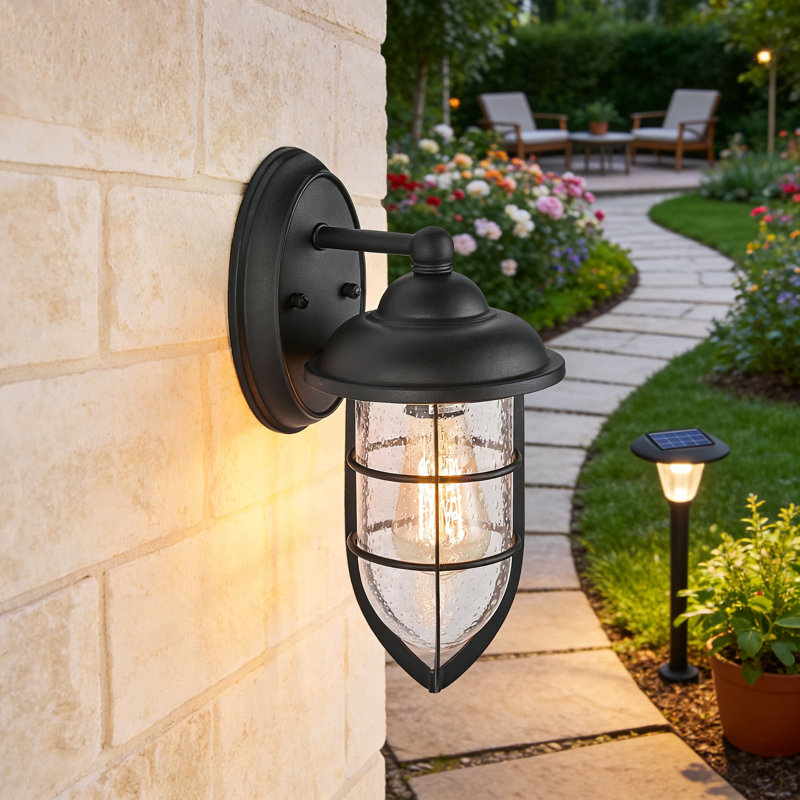Outdoor Wall Sconce Light, IP65 Waterproof For All-Weather Use, Clear Seeded Glass Shade With Textured Black Finish, Easy Mounting For Porch, Garage, Entryway, Patio, And Garden, E26 Bulb Base Compatible