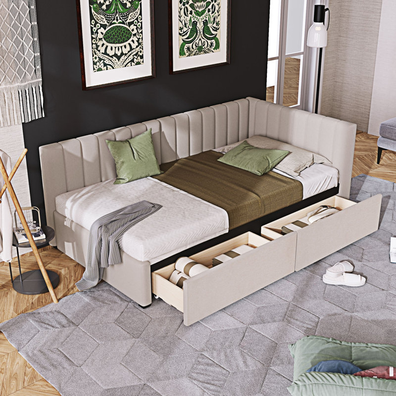 Lit de jour rembourré avec tiroirs de rangement, Beige