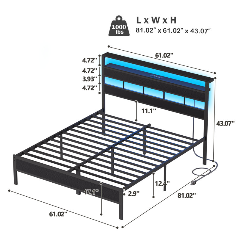 Structure de grand lit avec tablettes à 2 niveaux, lit plateforme moderne avec station de charge et lumière DEL, pas de sommier nécessaire