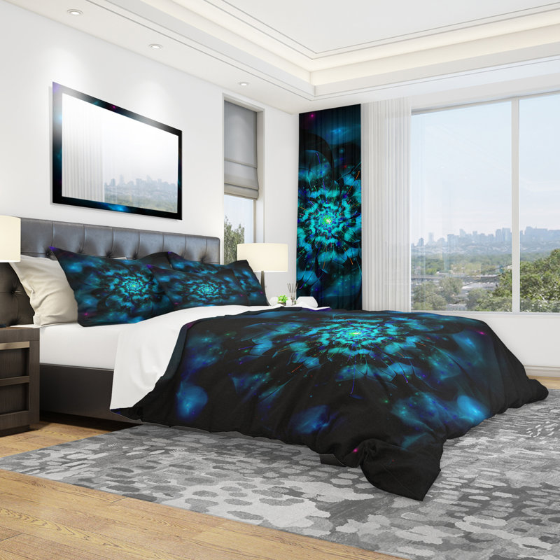 Perfect Fractal Flower en noir et bleu - Ensemble de housse de couette à imprimé floral
